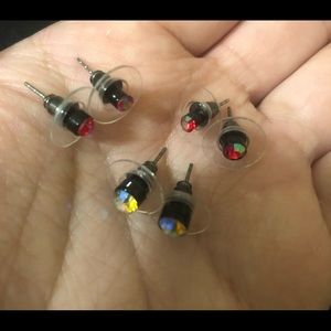 Set of 3 Black Coated Round Irridescent Red and Clear Stud Earrings